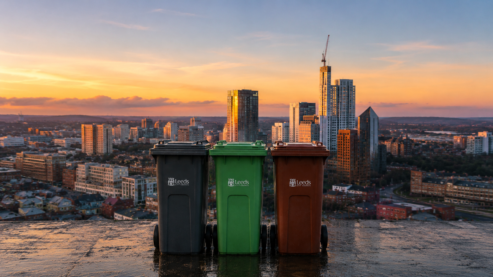 Leeds City Council wheelie bins in front of the Leeds city skyline at sunset